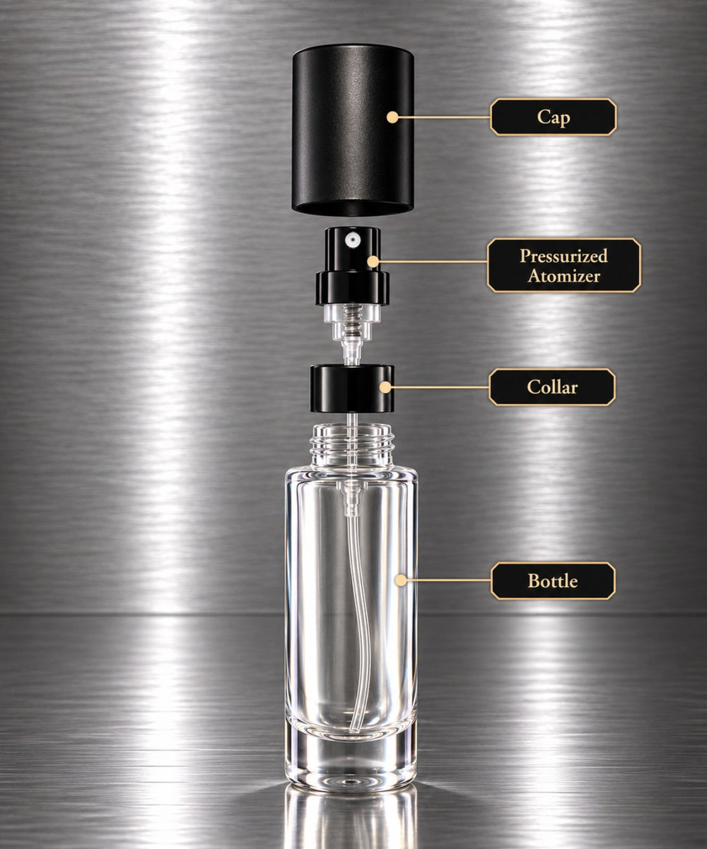 Empty fragrance bottle components: glass bottle, pressurized atomizer, collar and cap