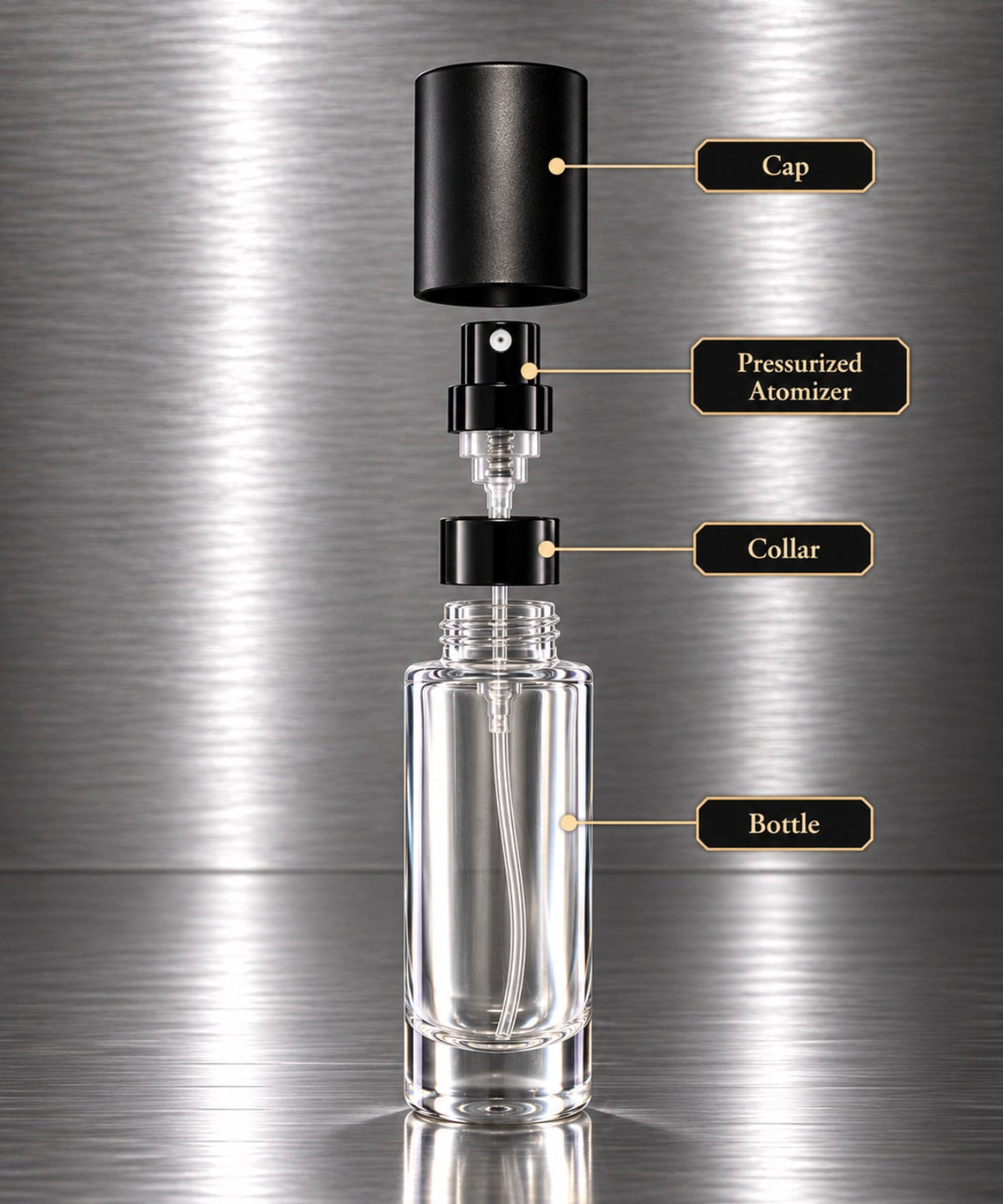 Empty fragrance bottle components: glass bottle, pressurized atomizer, collar and cap