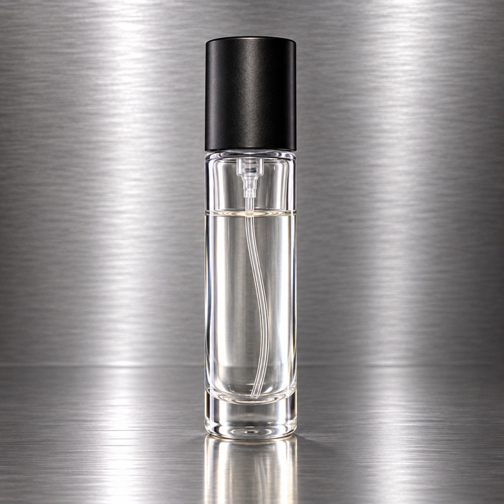 Complete empty glass fragrance bottle with atomizer, collar and cap
