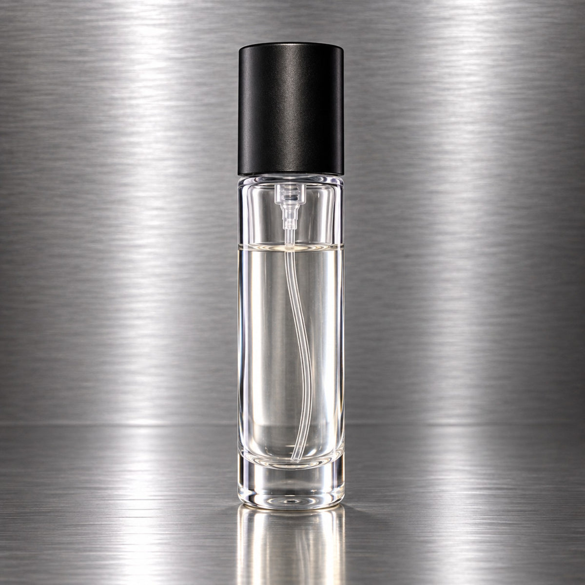 Complete empty glass fragrance bottle with atomizer, collar and cap