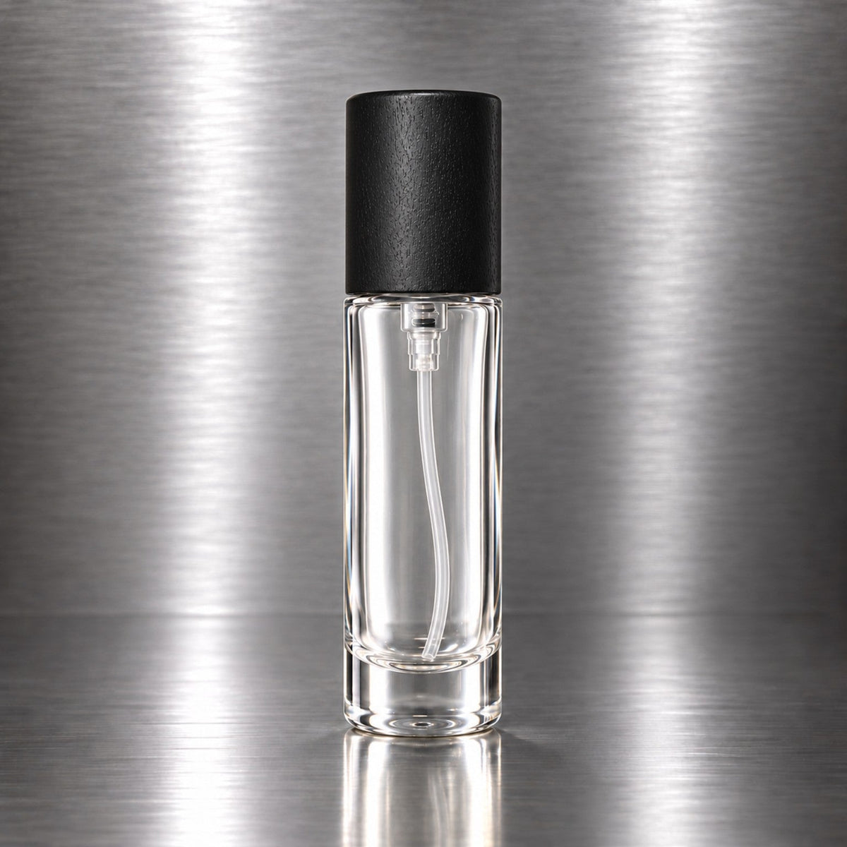 Complete 10 mL empty fragrance bottle with black wooden cap