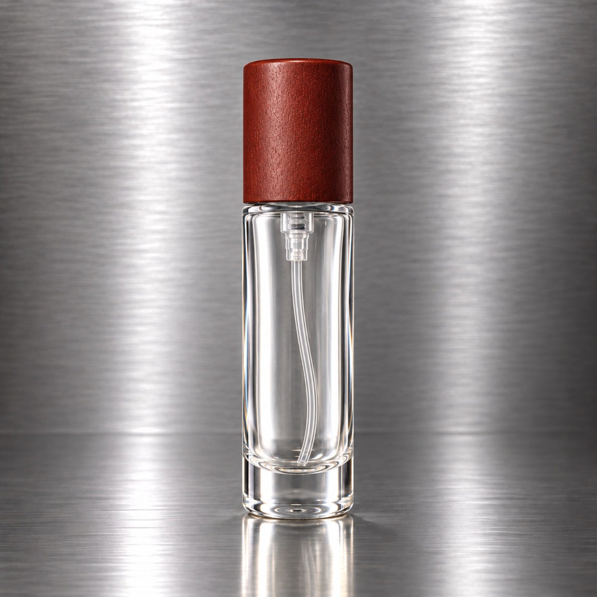 Complete 10 mL empty fragrance bottle with brown wooden cap