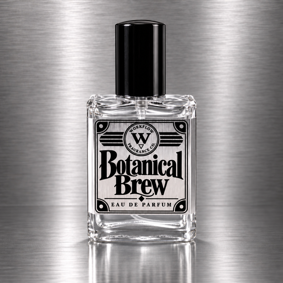 Botanical Brew eau de parfum by Workflow Fragrance Co., bottle with clear liquid.