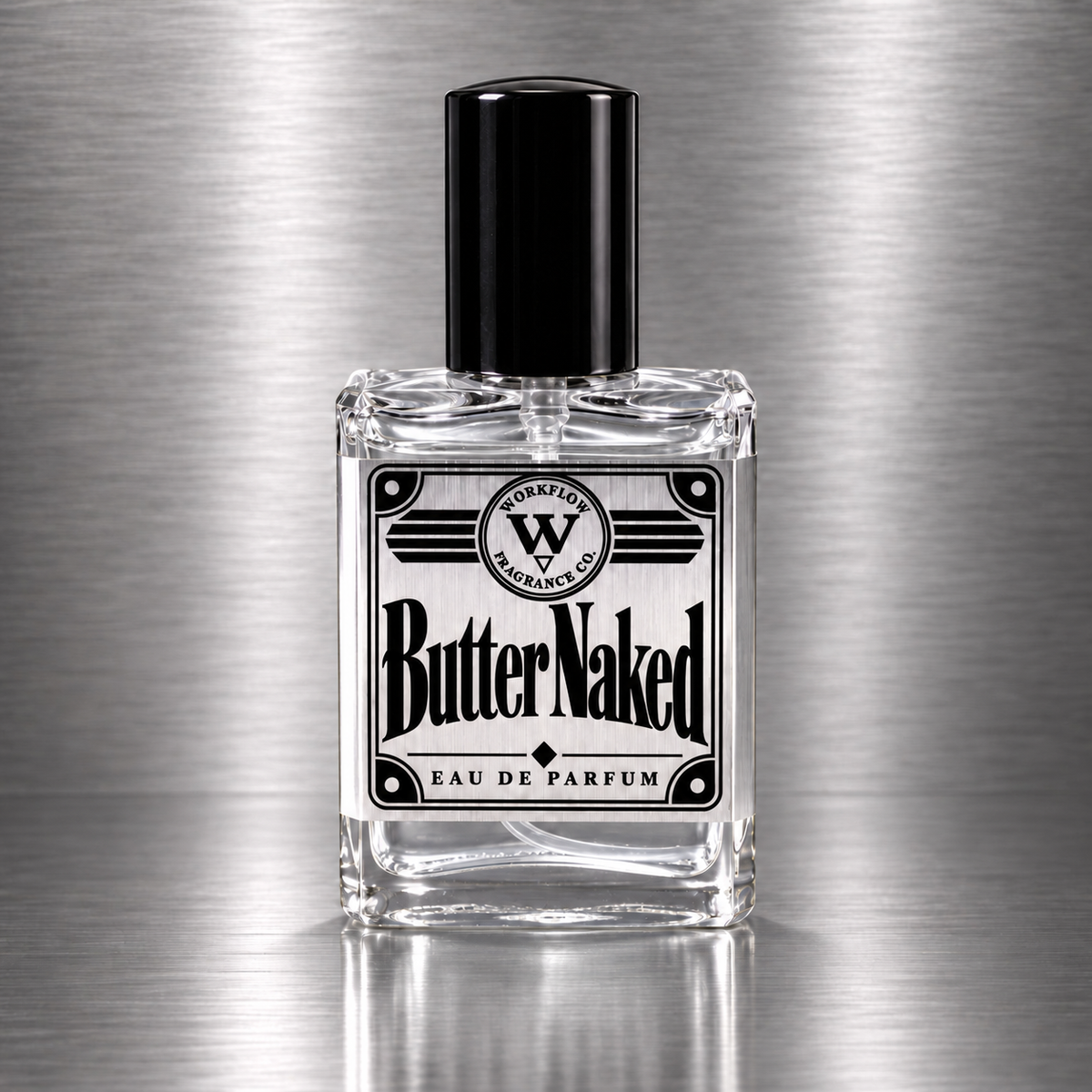 Butter Naked eau de parfum by Workflow Fragrance Co., bottle with clear liquid.