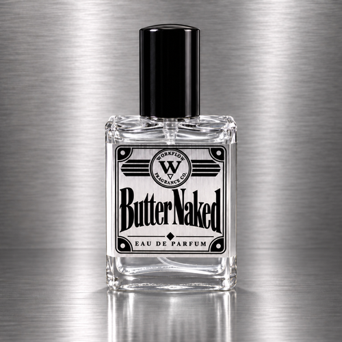 Butter Naked eau de parfum by Workflow Fragrance Co., bottle with clear liquid.