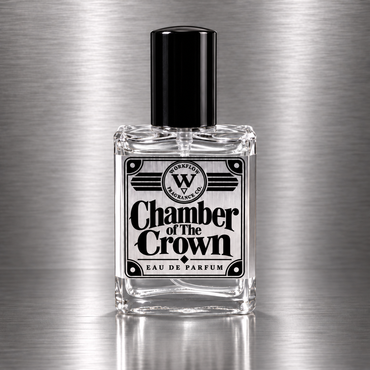 Chamber of The Crown eau de parfum by Workflow Fragrance Co., bottle with clear liquid.