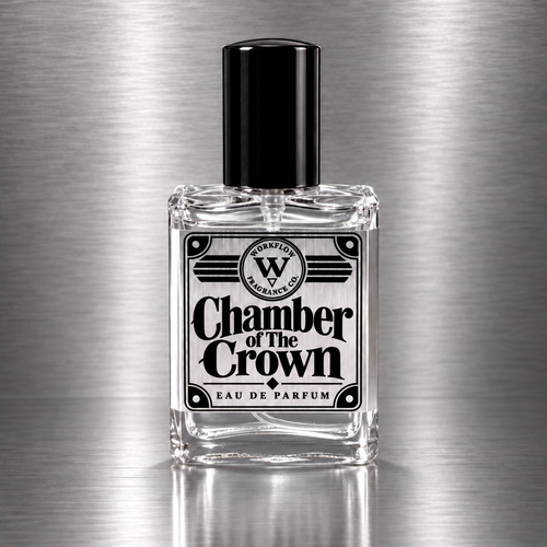 Chamber of The Crown eau de parfum by Workflow Fragrance Co., bottle with clear liquid.