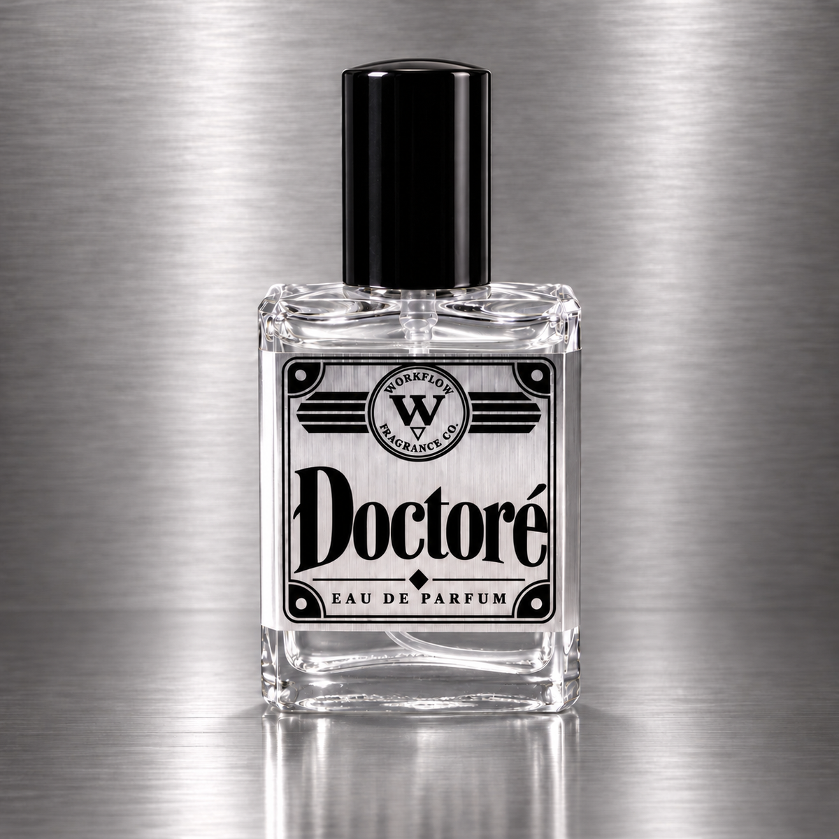 Doctoré eau de parfum by Workflow Fragrance Co., bottle with clear liquid.
