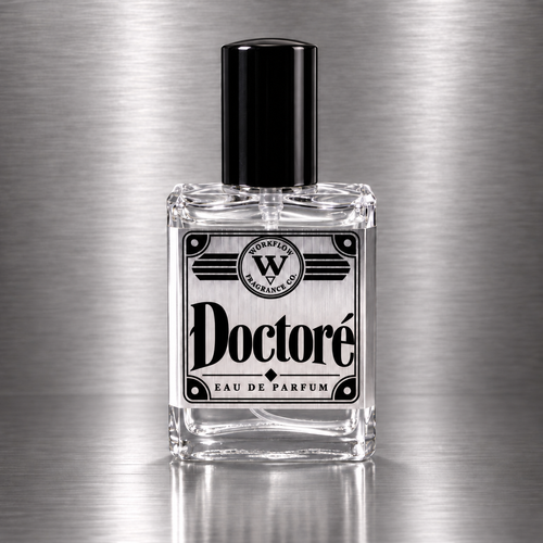 Doctoré eau de parfum by Workflow Fragrance Co., bottle with clear liquid.
