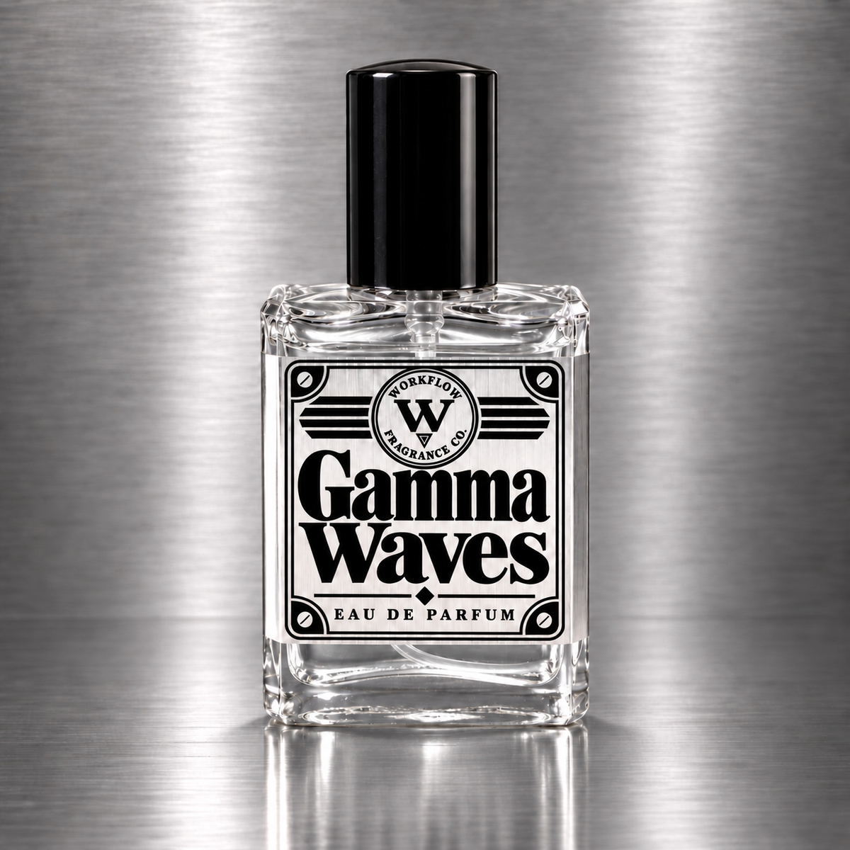 Gamma Waves eau de parfum by Workflow Fragrance Co., bottle with clear liquid.