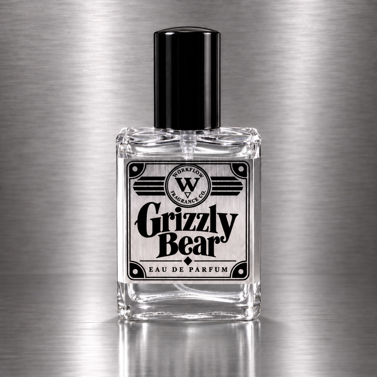 Grizzly Bear eau de parfum by Workflow Fragrance Co., bottle with clear liquid.