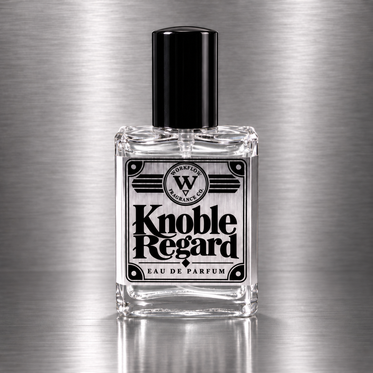 Knoble Regard eau de parfum by Workflow Fragrance Co., bottle with clear liquid.