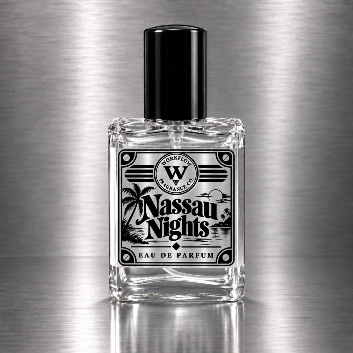 Nassau Nights eau de parfum by Workflow Fragrance Co., clear glass bottle with a black cap and silver label against a brushed steel background.