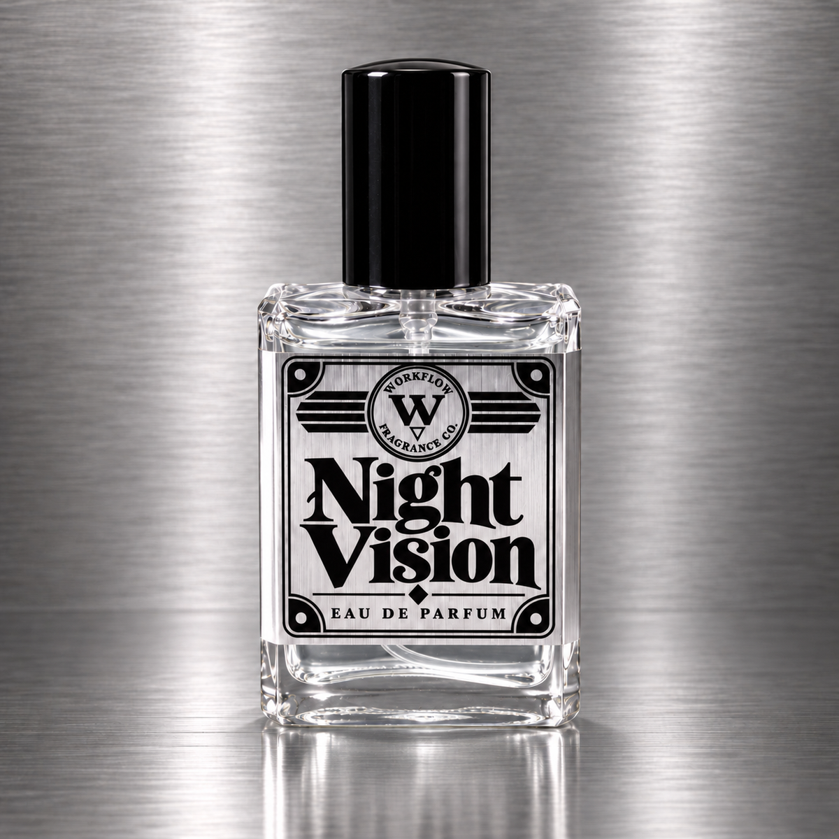 Night Vision eau de parfum by Workflow Fragrance Co., bottle with clear liquid.