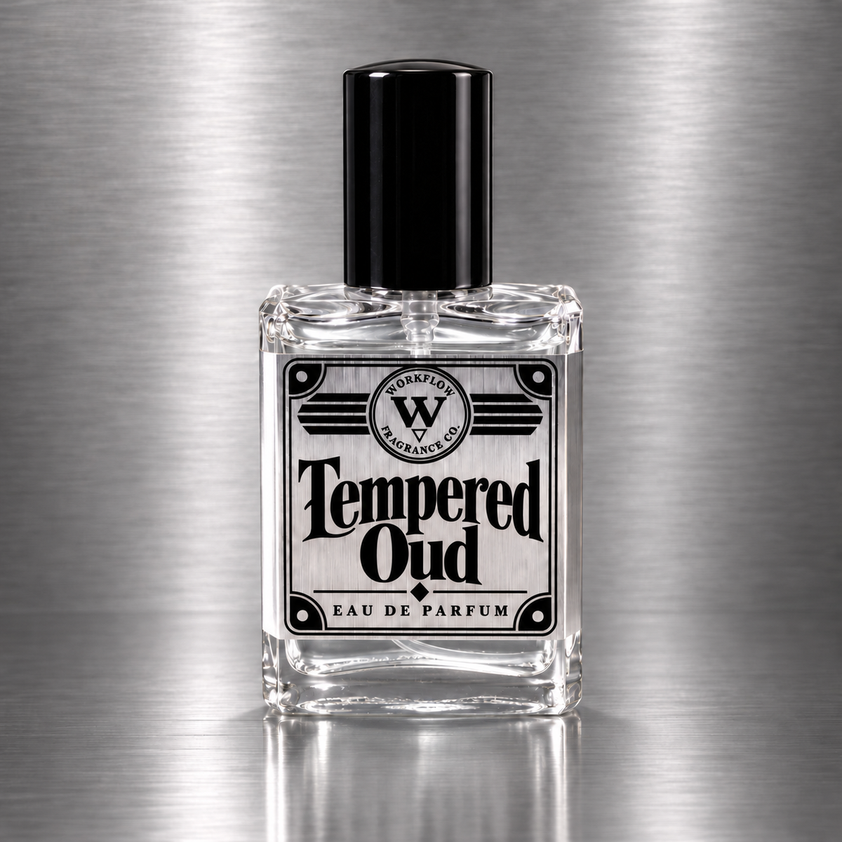 Tempered Oud eau de parfum by Workflow Fragrance Co., bottle with clear liquid.