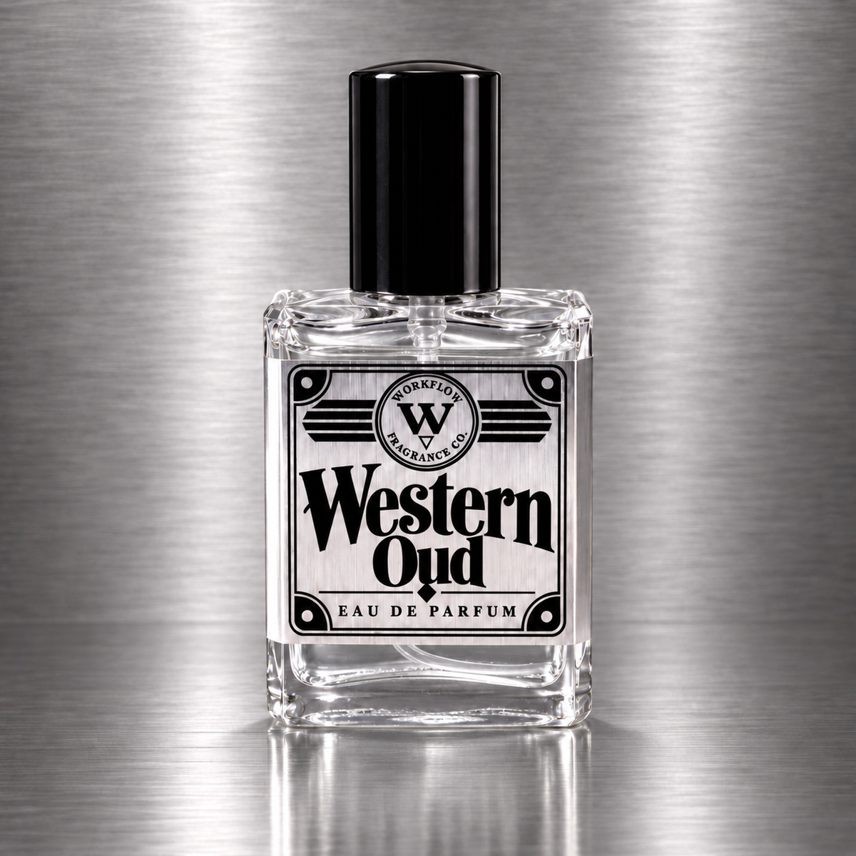 Western Oud eau de parfum by Workflow Fragrance Co., bottle with clear liquid.