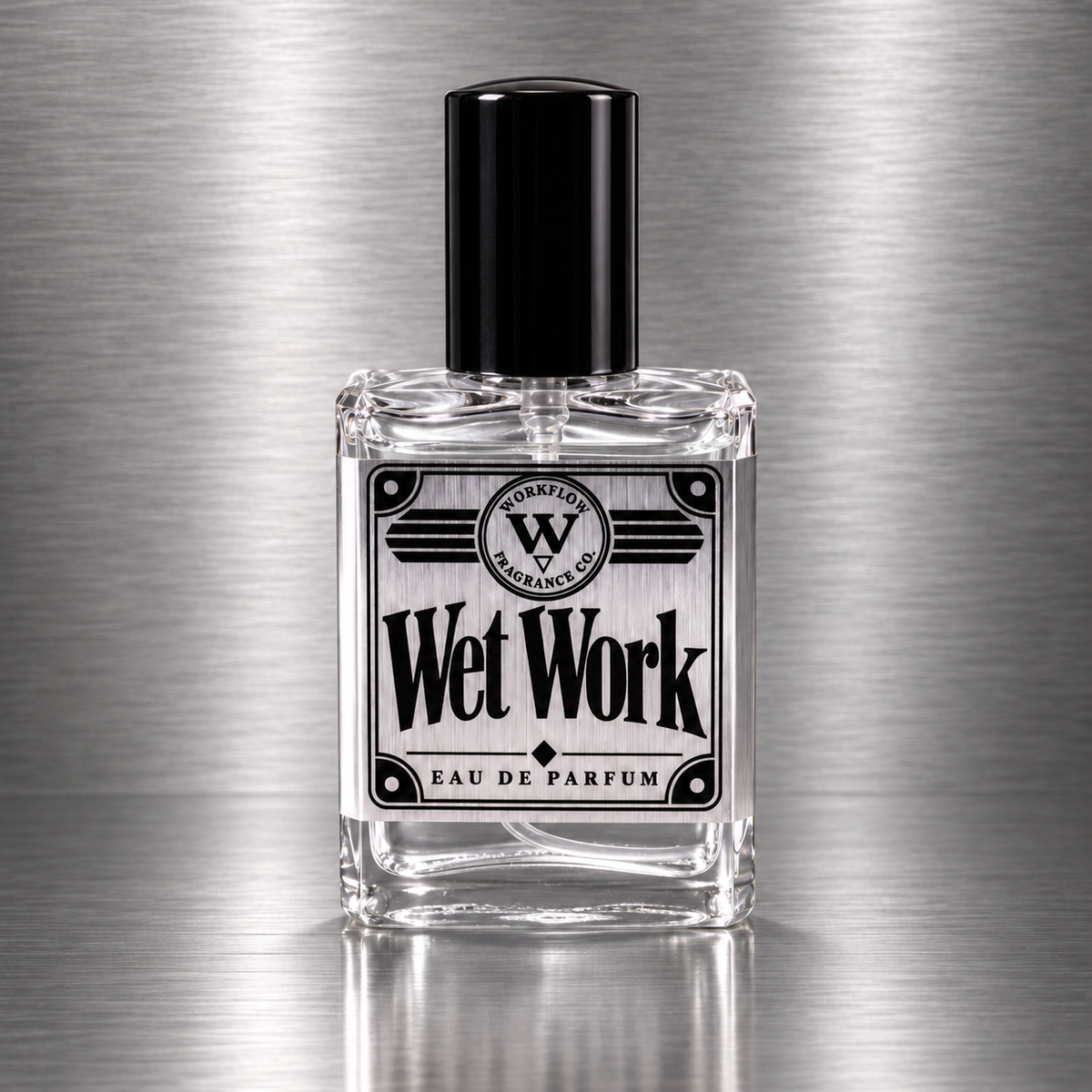 Wet Work eau de parfum by Workflow Fragrance Co., bottle with clear liquid.