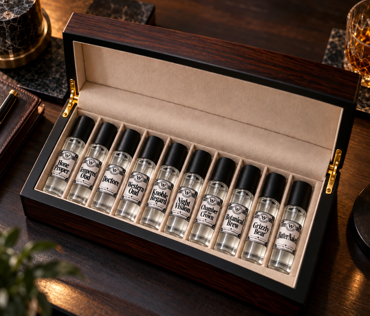 Workflow Collector Set by Workflow Fragrance Co., presentation box containing fragrance bottles with clear liquid.