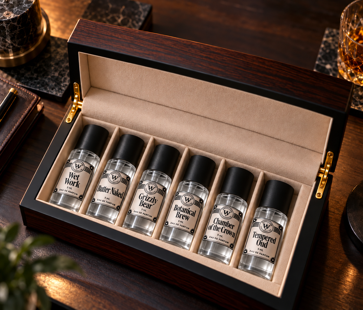 Workflow 5 mL Discovery Set by Workflow Fragrance Co., presentation box containing fragrance bottles with clear liquid.